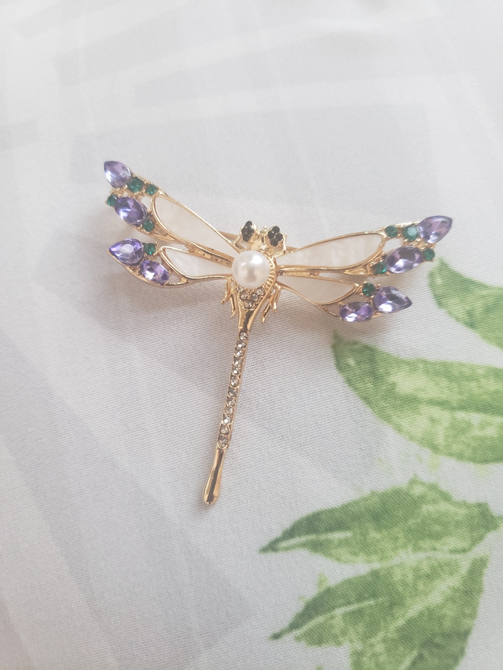 Gold Tone Pearl Dragonfly Brooch/Pin Purple Crystal Rhinestone Shell Wing